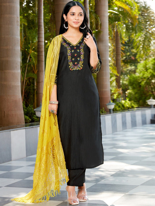 Embroidered Thread Work Pure Silk V- Neck Kurta with Trousers & With Dupatta