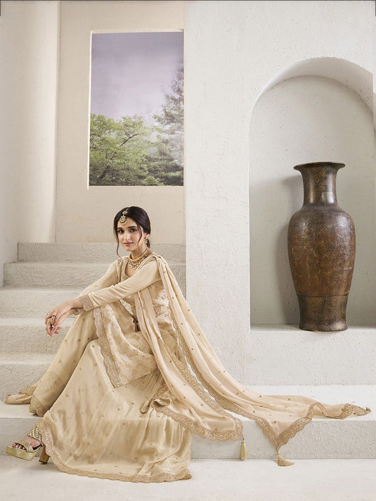 Women Ethnic Motifs Embroidered Regular Silk Chiffon Kurti with Sharara & With Dupatta
