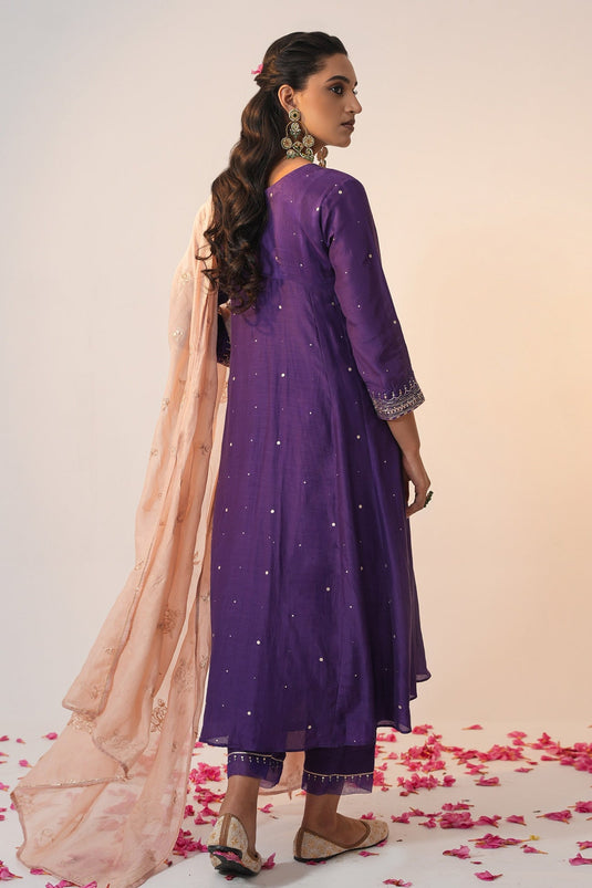 Purple Cotton Silk Hand Embroidery Pittan V Neck Inaayat Anarkali Trouser Set