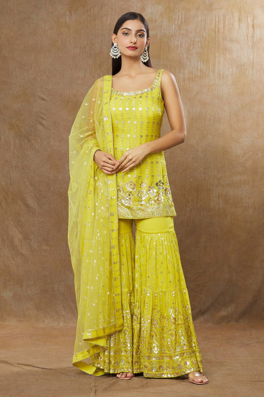 Yellow Kurta And Sharara Georgette Embroidery Miniature Floral Work Set