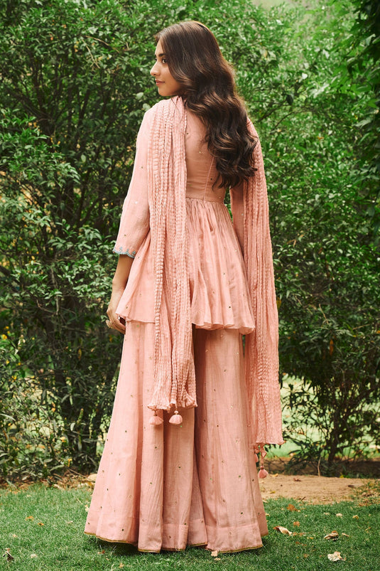 Peach Anarkali Soft Chanderi Embroidered Mirror V Neck Kumud Sharara Set