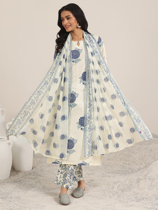 Off White Printed Keyhole Neck Chanderi Silk Straight Kurta With Trouser & Dupatta