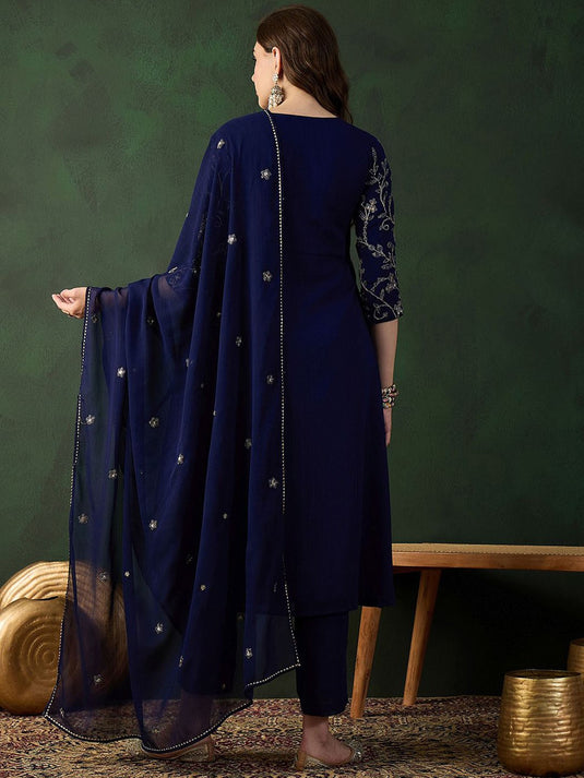 Navy Blue Ethnic Motifs Embroidered A-Line Kurta With Trouser & Dupatta