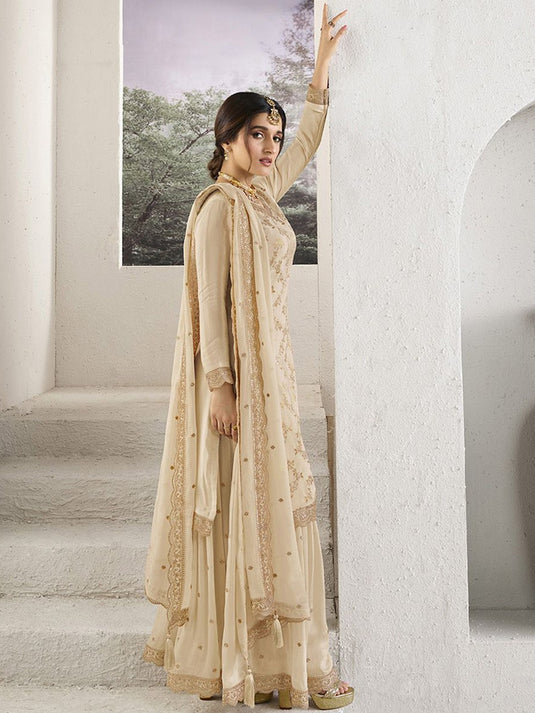 Women Ethnic Motifs Embroidered Regular Silk Chiffon Kurti with Sharara & With Dupatta
