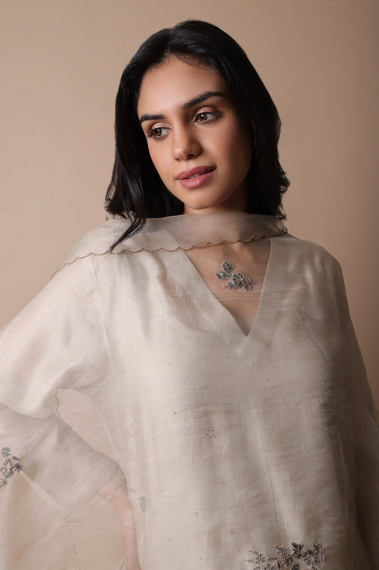 Beige Kurta Mukaish Chanderi Embroidery Floral Afsa Flower Set