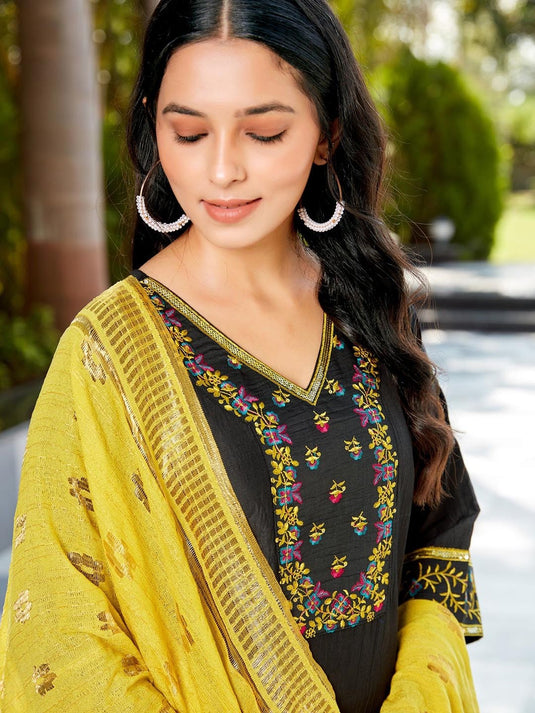 Embroidered Thread Work Pure Silk V- Neck Kurta with Trousers & With Dupatta