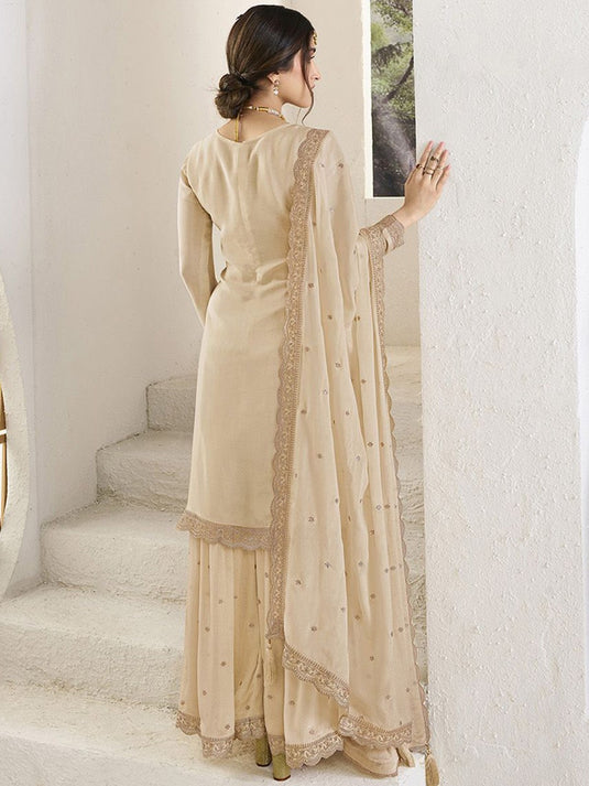 Women Ethnic Motifs Embroidered Regular Silk Chiffon Kurti with Sharara & With Dupatta