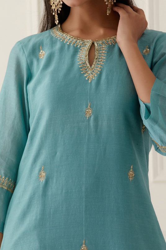 Blue Chanderi Silk Dupatta Tissue Organza Embroidered Floral Buttis Kurta Set